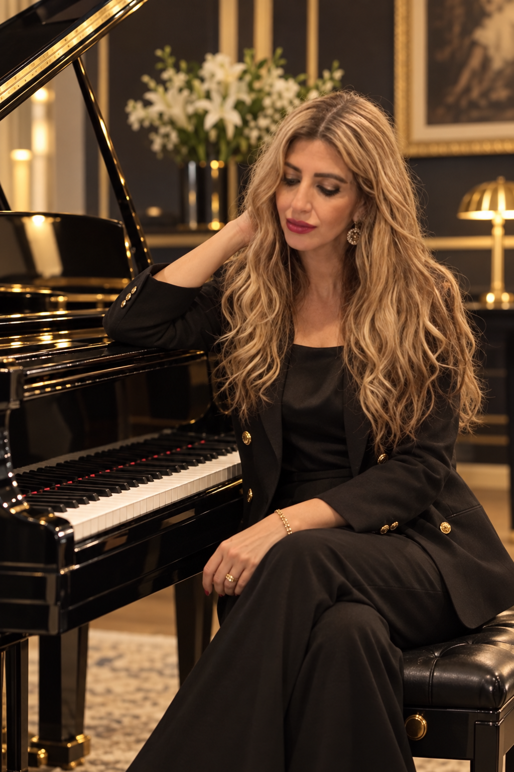 Mahsa seated elegantly beside a grand piano